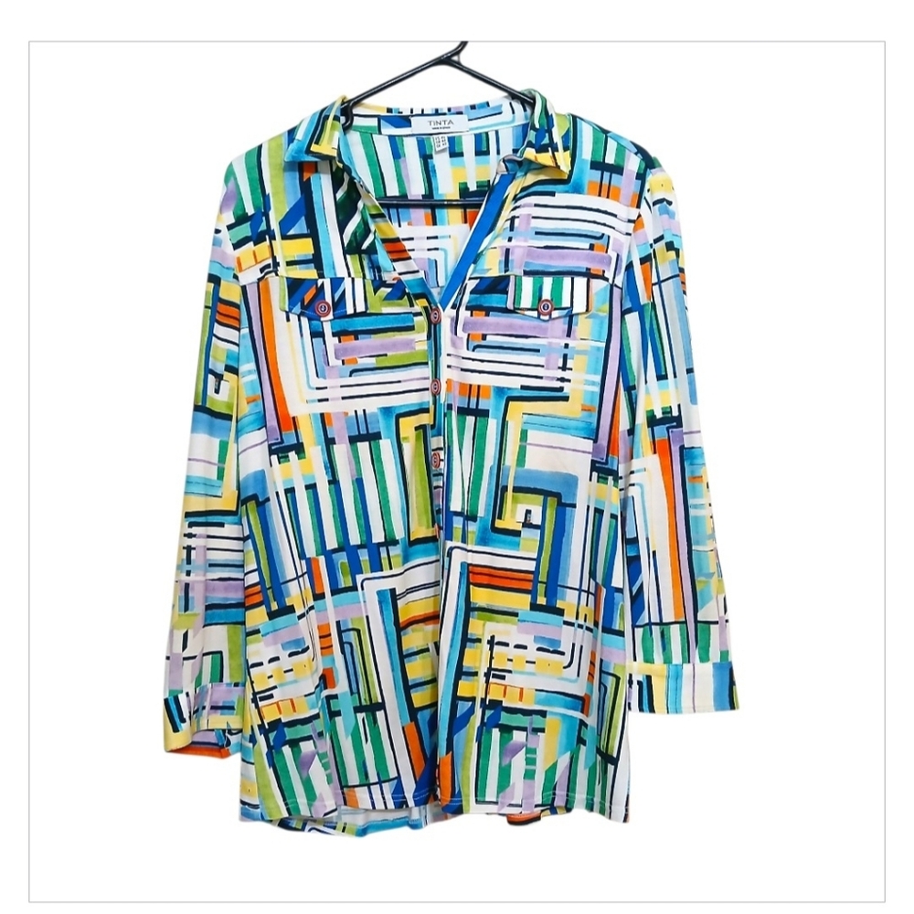 Tinta Spain Blue Geometric Yasna Button Front Top
